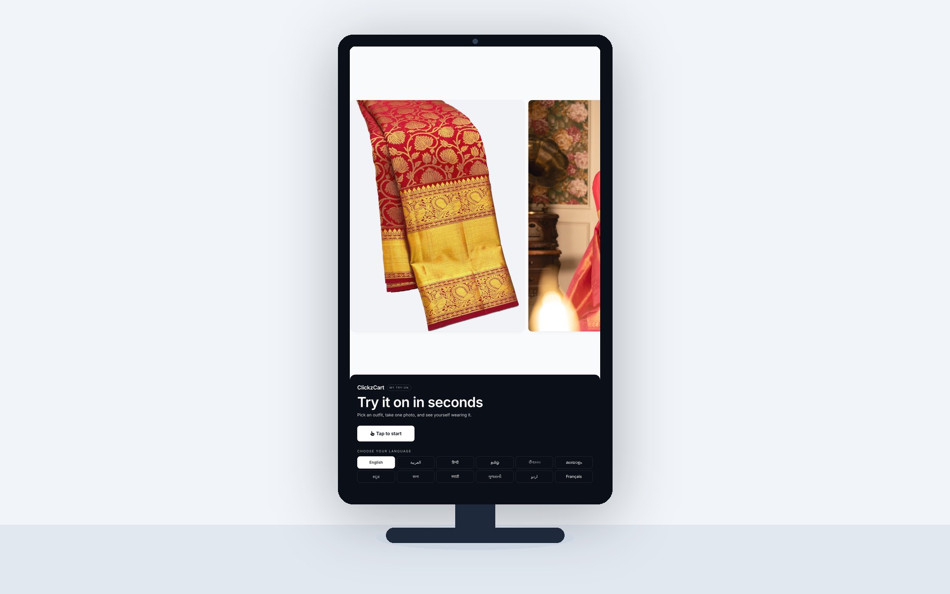 A shopper sees herself in a red Kanjivaram saree on the in-store try-on kiosk